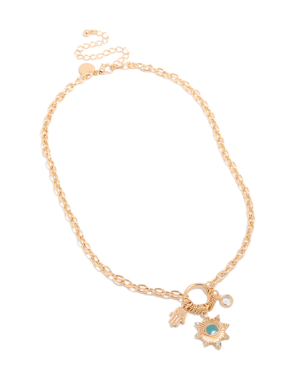 Gold Evil Eye & Hamsa Hand Charms Necklace