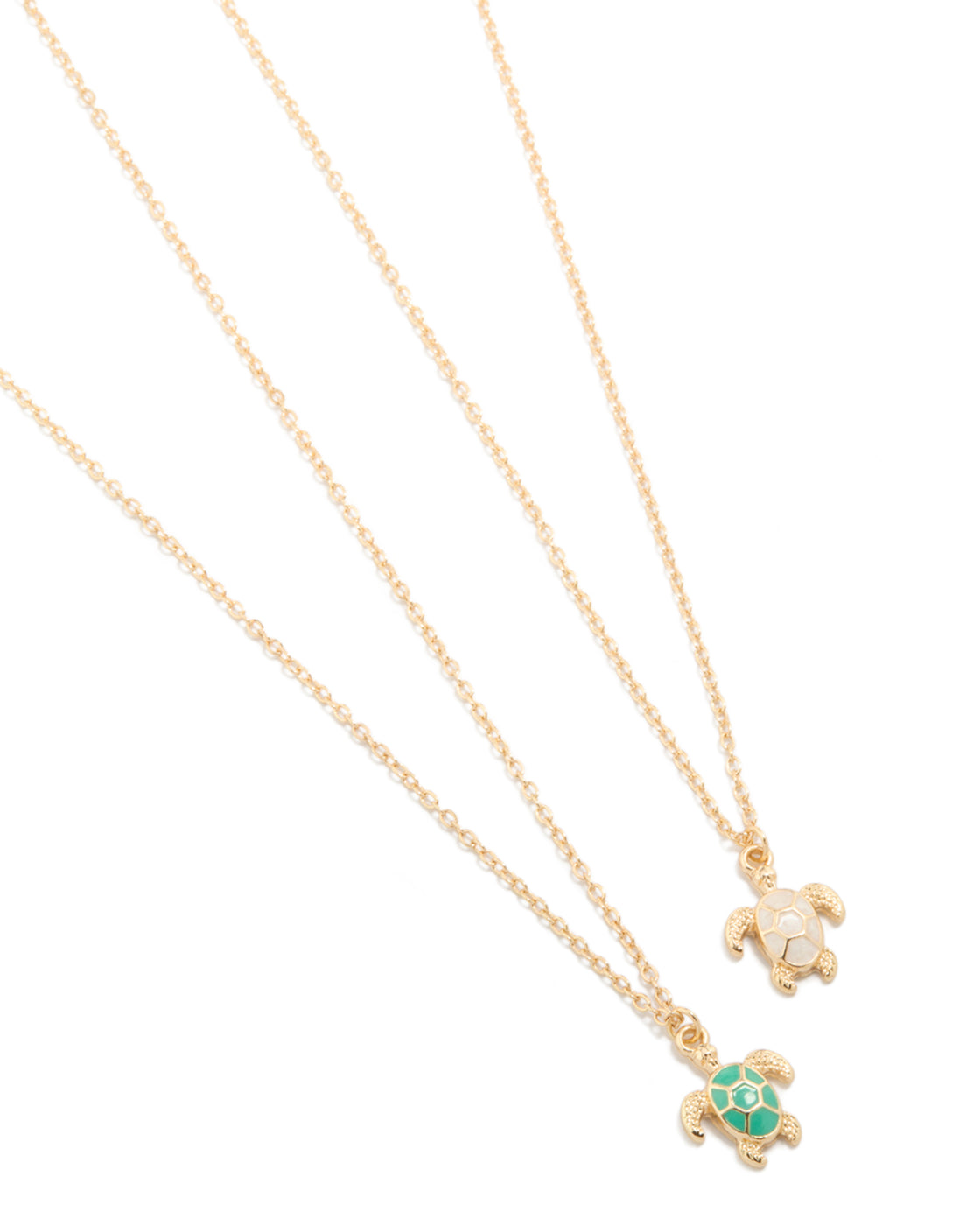 Beautifully crafted turtle pendant necklaces in a 2-pack featuring with ocean-inspired details in gold, green, and white close up view