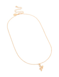Stunning cubic zirconia rose charm necklace with floral leaf accents in dainty gold front view - link has visual effect only