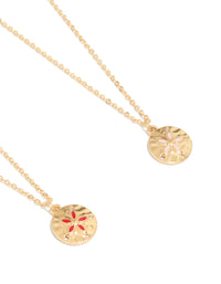 Showcasing gold flower disc necklaces 2-pack featuring dainty pendants close up view - link has visual effect only