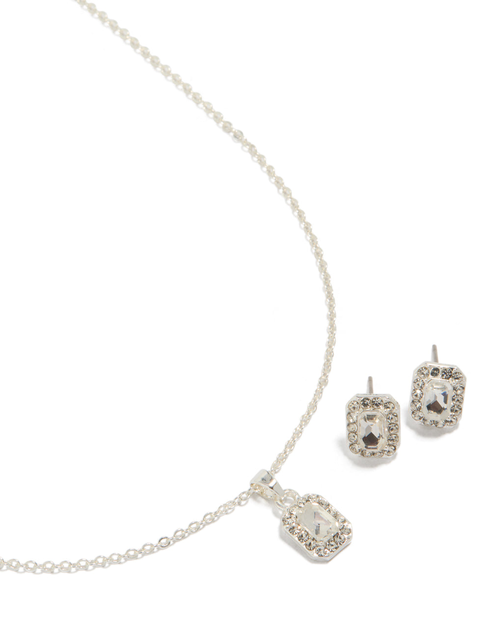Silver Square Diamante Vintage Necklace & Earrings Set