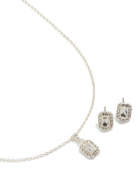 Silver Square Diamante Vintage Necklace & Earrings Set - link has visual effect only