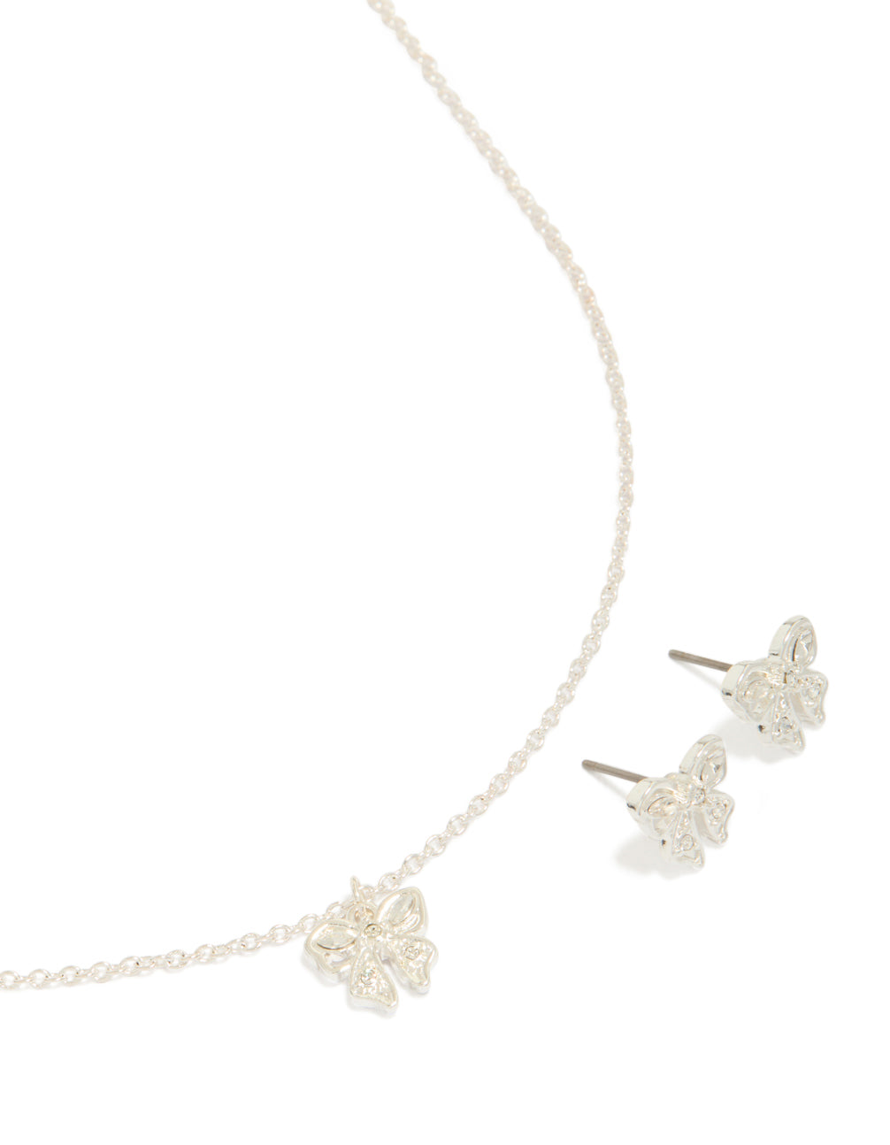 Silver Diamante Bow Necklace & Earrings Set