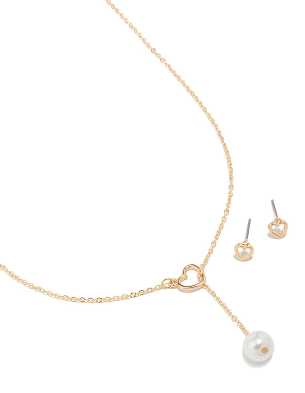 Gold Heart Pearl Necklace & Heart  Earrings Set