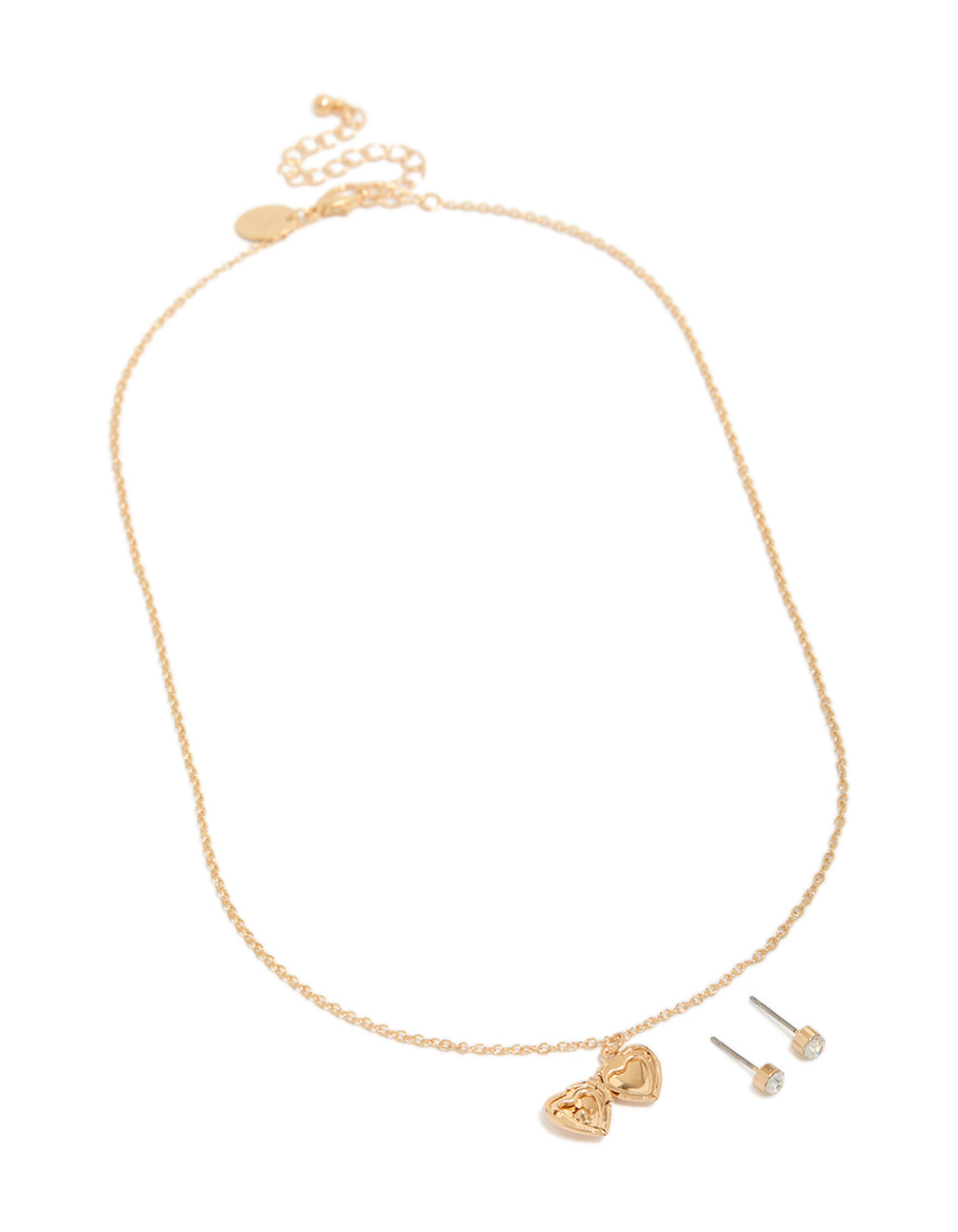 Gold Diamante Heart Locket Necklace & Circle Diamante Earrings Set