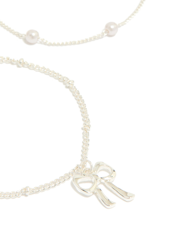 Silver Pearl & Bow Charm  Bracelets 3-Pack