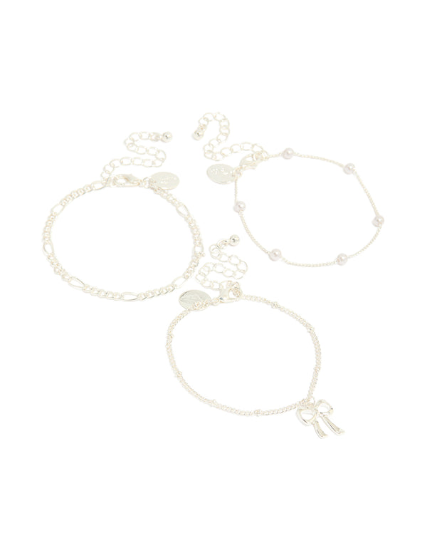 Silver Pearl & Bow Charm  Bracelets 3-Pack