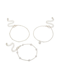 Elegant silver pearl,ball and station drop bracelets in a 3-pack front view - link has visual effect only