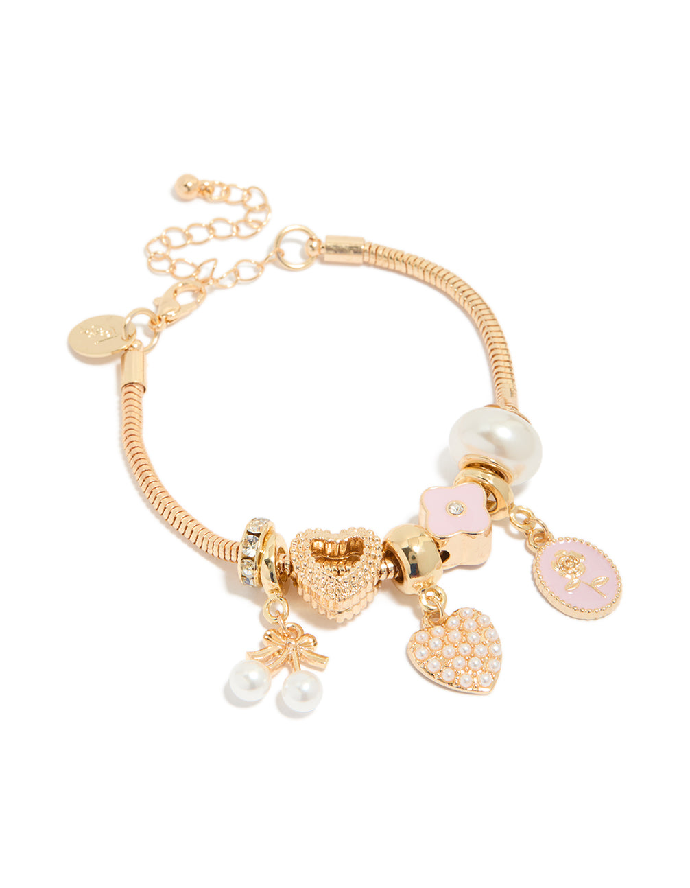 Gold Pearl Heart & Pink Enamel  Flower Charm Bracelet