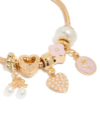 Gold Pearl Heart & Pink Enamel  Flower Charm Bracelet - link has visual effect only