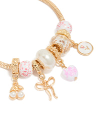 Gold Floral Heart & Pink Painted Beaded Charm Bracelet - link has visual effect only