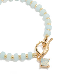 Gold Light Blue Beaded & Diamante Charm Stretch Bracelet - link has visual effect only