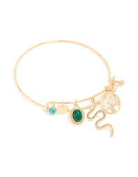 Showcasing a gold snake and tree of life charm bangle featuring opal accents front view - link has visual effect only