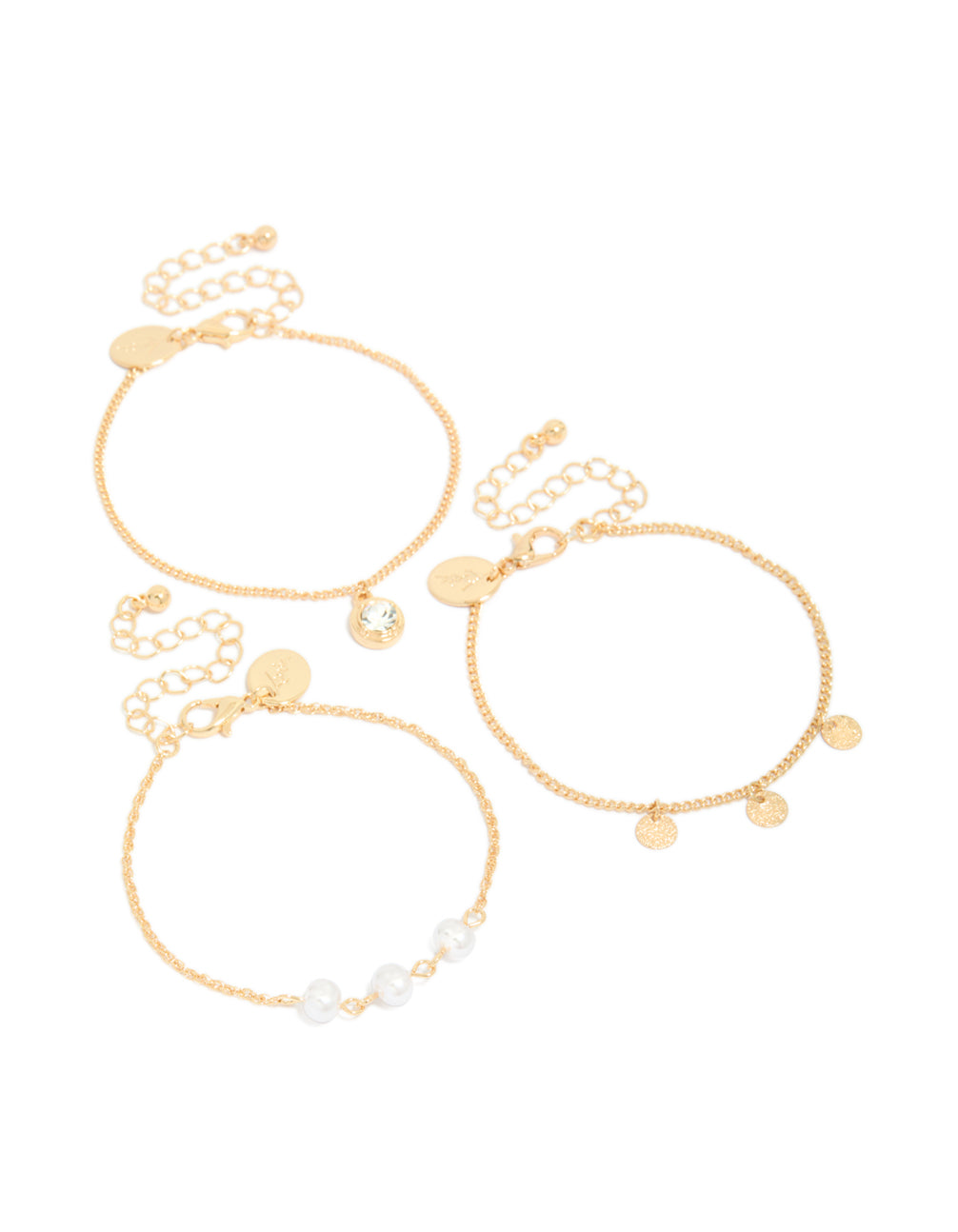 Featuring a 3-pack of gold charm bracelets accented with pearls, discs, and a solitaire-cut diamante front view