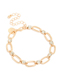 Showcasing a gold oval chain bracelet with diamante accents front view - link has visual effect only