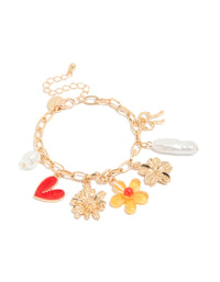Gold Flower Pearl Heart Charm Bracelet - link has visual effect only