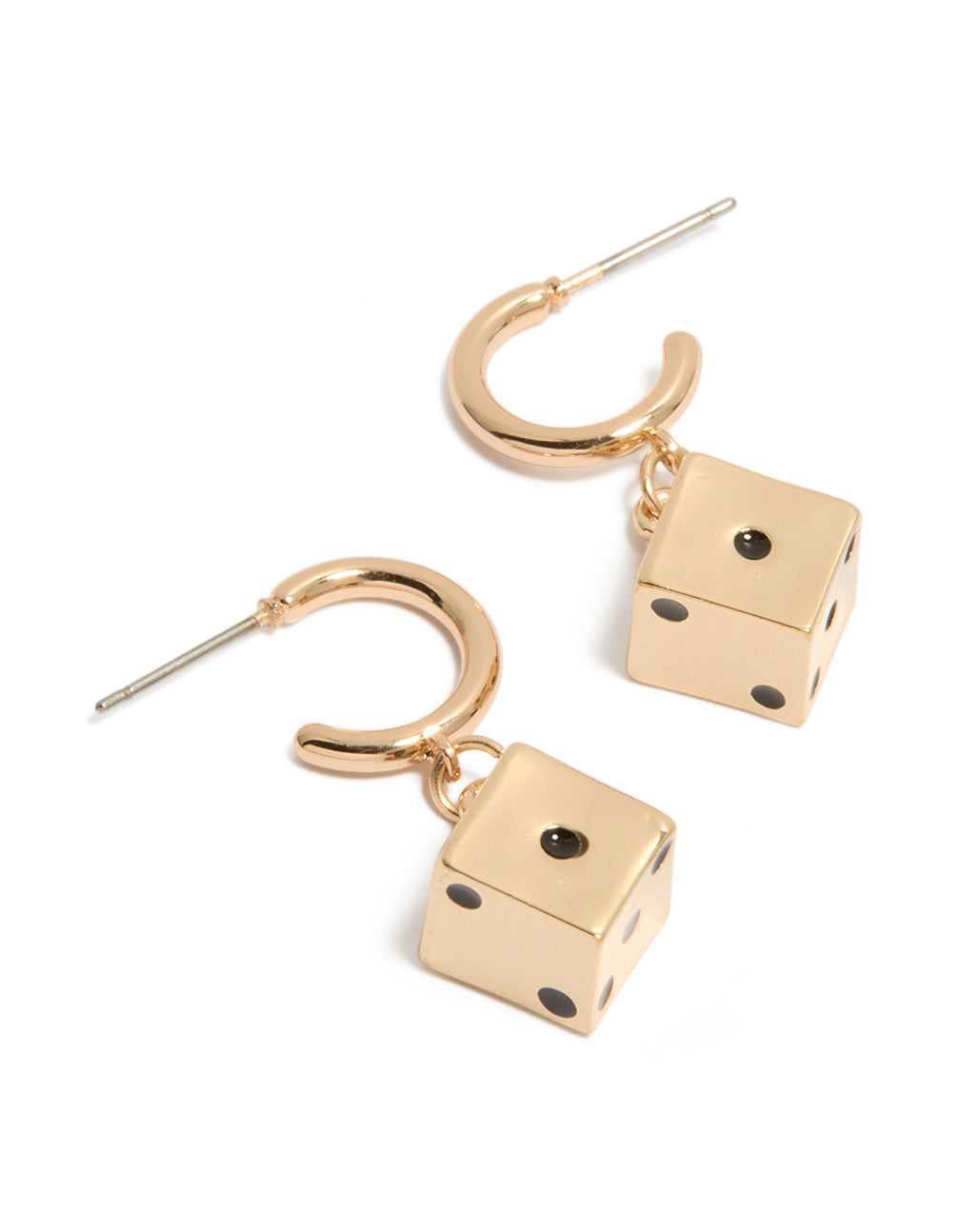 Showcasing gold dice huggie earrings with black accents in a front view