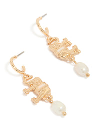 Presenting gold hoop earrings featuring a freshwater pearl and an animal elephant charm with ivory accents, front view - link has visual effect only
