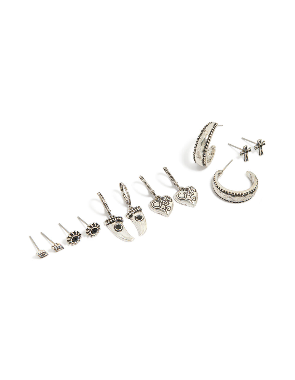 Discover antique silver gothic tooth and cross earrings featuring charm details with heart, evil eye, and sun motifs in a 6-pack front view