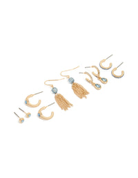 Showcasing gold blue cubic zirconia studs and tassel hoop earrings 5-pack featuring beads with charm details in crystal front view - link has visual effect only