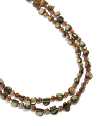 Featuring a green irregular beaded double layered long necklace with olive, darkolivegreen, brown and coral tones close up view - link has visual effect only