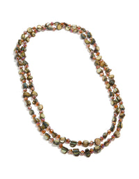 Showcasing a green irregular beaded double layered long necklace with olive, darkolivegreen, brown and coral tones front view - link has visual effect only