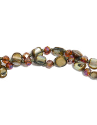 Featuring a green irregular beaded double layered long necklace with olive, darkolivegreen, brown and coral tones close up view - link has visual effect only