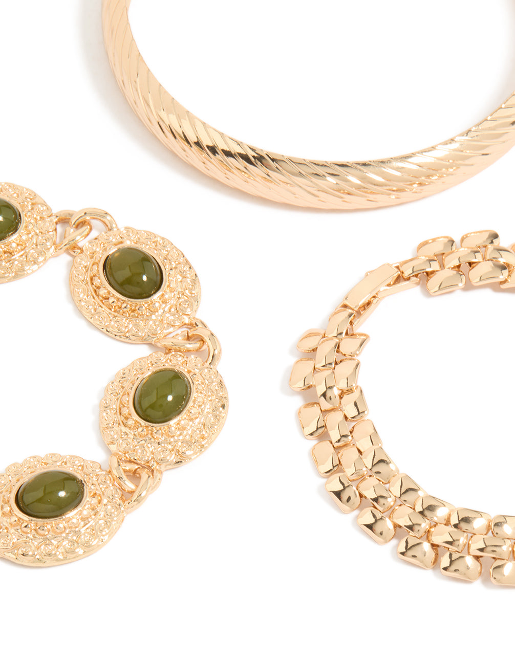 Showcasing beaded and resin bead bracelets with layered gold bangles, 3-pack close up view