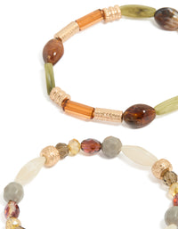 Crafted with neutral acrylic irregular beaded stretch bracelets in a 4-pack, showcasing chunky design in olive, orange, and sienna close up view - link has visual effect only