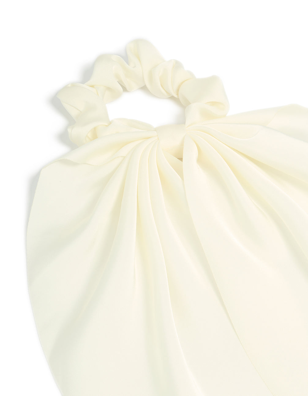 Featuring a solid ivory design, this simple cream long scarf scrunchie side view
