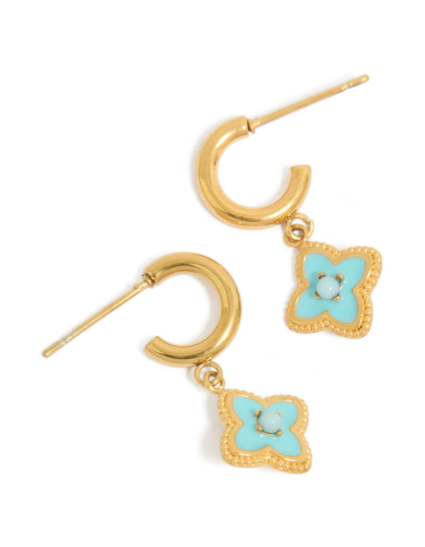 Tweens Gold Plated  Stainless Steel Blue Enamel Flower Open Hoop Earrings