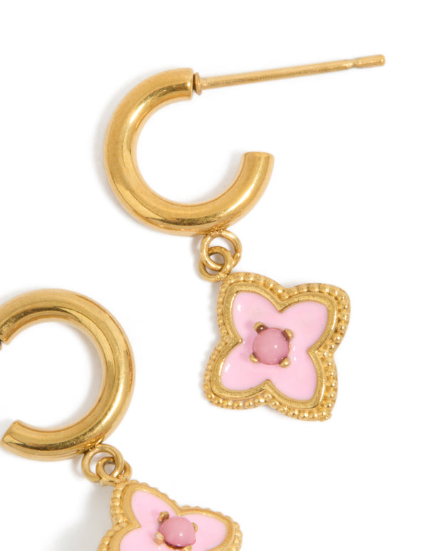 Tweens Gold Plated Stainless Steel Pink Enamel Petal Flower Hoop Earrings