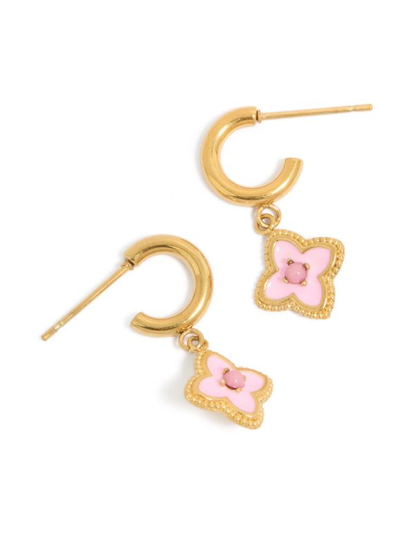 Tweens Gold Plated Stainless Steel Pink Enamel Petal Flower Hoop Earrings