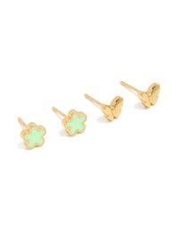 Introducing stud butterfly and floral waterproof gold plated stainless steel earrings pack front view - link has visual effect only