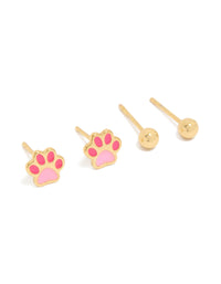 Showcasing waterproof animal paw print stud earrings pack with balls motifs crafted from gold plated stainless steel in pink front view - link has visual effect only