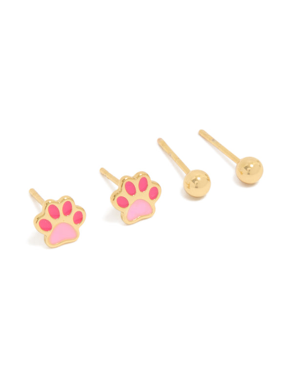 Showcasing waterproof animal paw print stud earrings pack with balls motifs crafted from gold plated stainless steel in pink front view