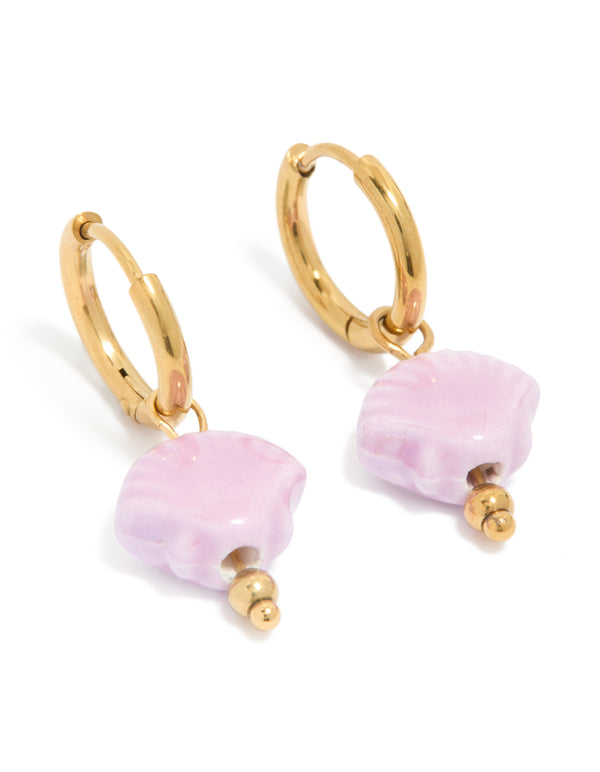Tweens Gold Plated Stainless Steel Pink Shell Charm Huggie Earrings