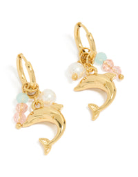 Showcasing waterproof gold plated stainless steel huggie earrings with dolphin charm, beads, pearl accents, and ocean-inspired design front view - link has visual effect only