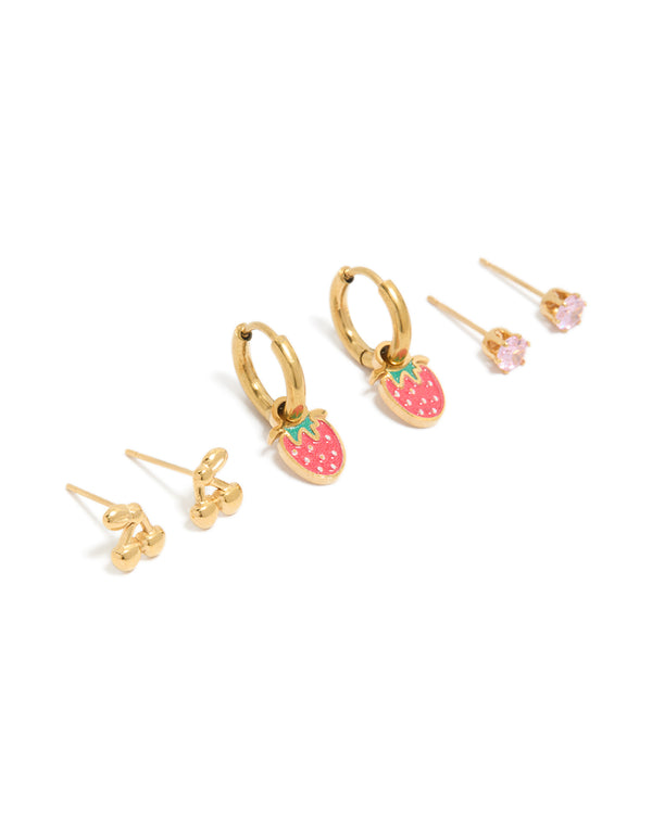 Tweens Gold Plated Stainless Steel Fruit Stacking Earrings 3-Pack