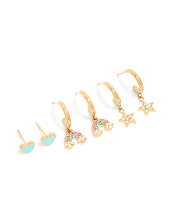 Featuring waterproof stainless steel stacking earrings with celestial motifs, star accents, huggie and stud closures in gold plated enamel front view