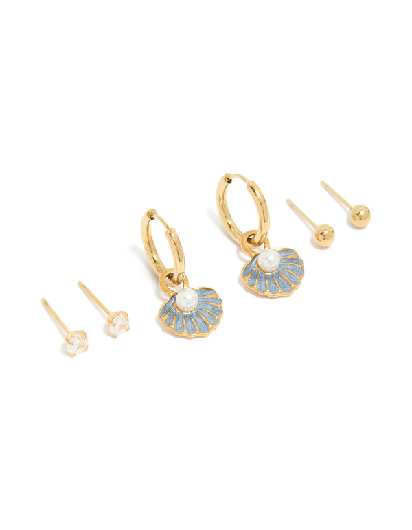 Tweens Gold Plated  Stainless Steel Pearl & Shell Stack Earrings 3 Pack