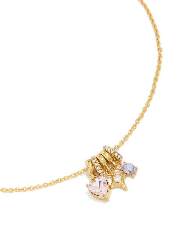 Tweens Gold Plated Stainless Steel Mix Shape Diamante Charm Necklace