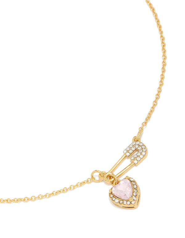 Tweens Gold Plated Stainless Steel Diamante Heart Safety Pin Necklace
