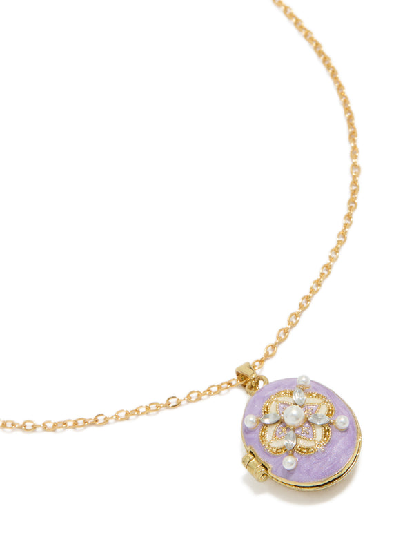 Showcasing a gold plated stainless steel purple enamel oval locket necklace with floral embellishment, pearl accents, waterproof in dainty style front view