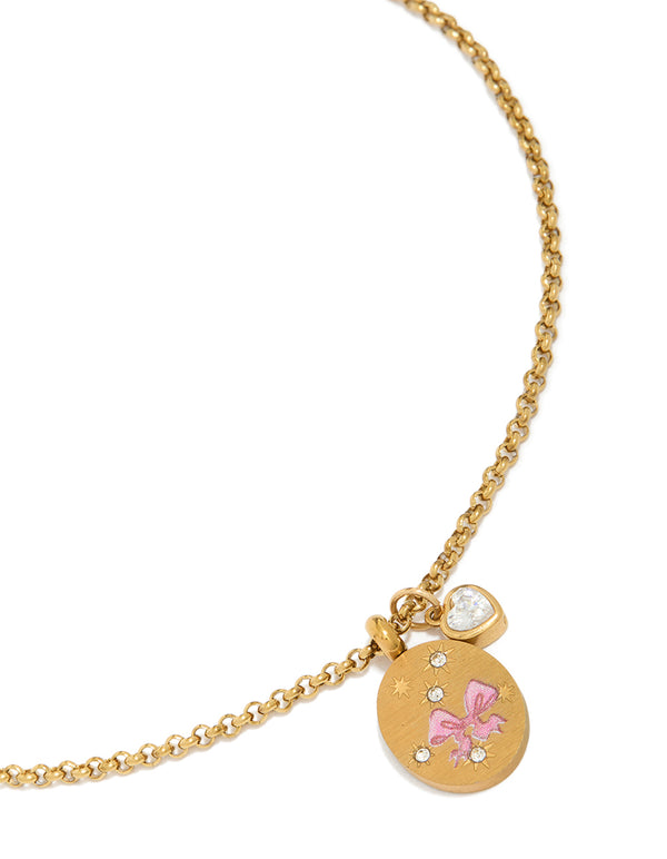 Tweens Gold Plated Stainless Steel Cubic Zirconia & Enamel Pink Bow Necklace