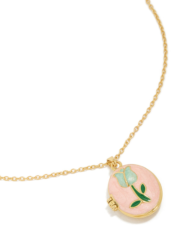 Tweens Gold Plated Stainless Steel Blue Enamel Tulip Locket Necklace