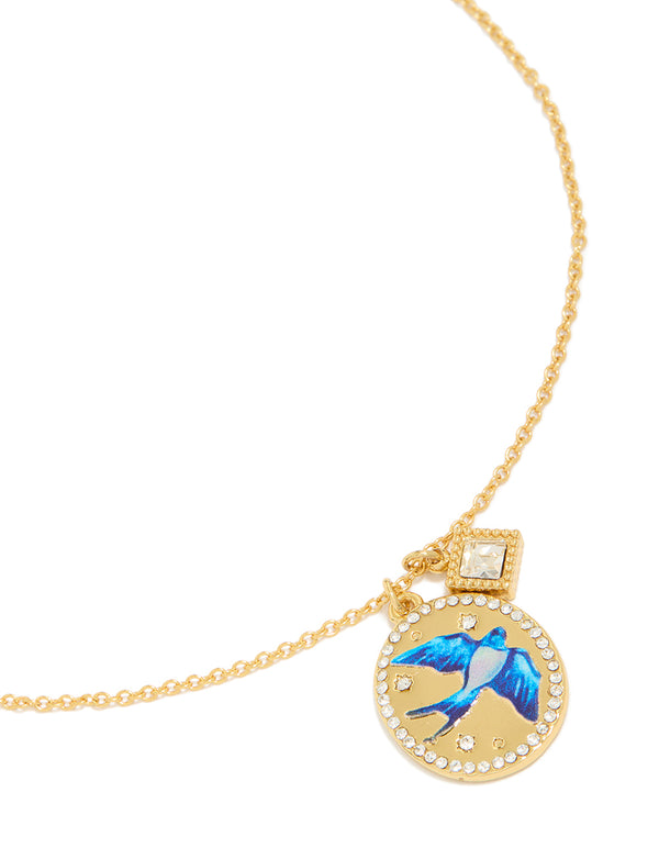 Tweens Gold Plated Stainless Steel Diamante & Enamel Bird Necklace