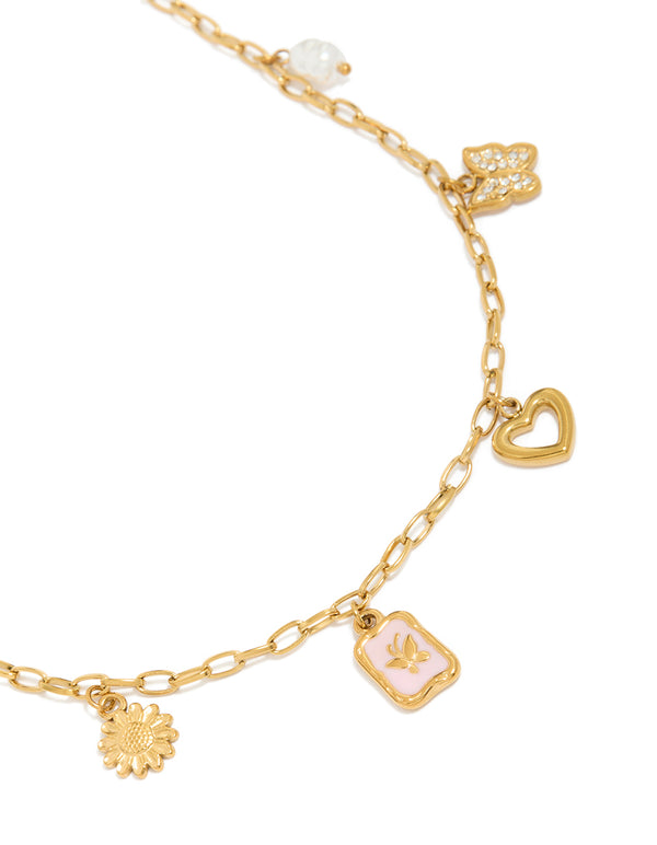 Tweens Gold Plated Stainless Steel Enamel Bow & Heart Charm Necklace