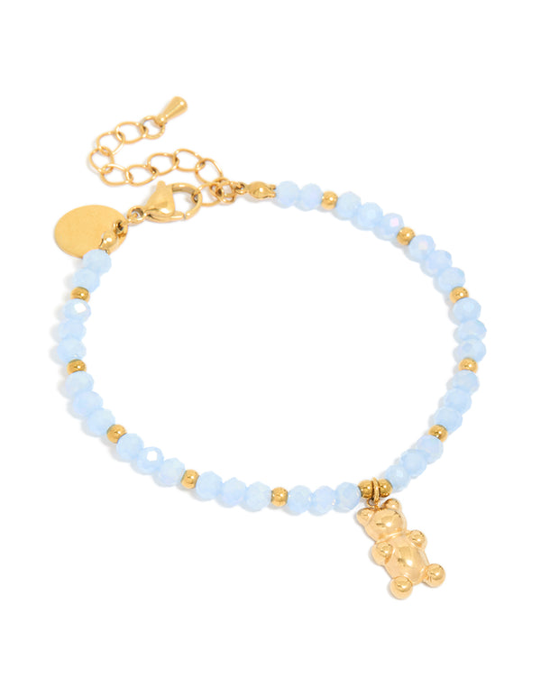 Tweens Gold Plated Stainless Steel Blue Facet Bead & Bear Charm Bracelet