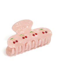 Showcasing tweens pink acrylic cherry gem hair claw clip with fruit featuring red, lime, and gold accents front view - link has visual effect only